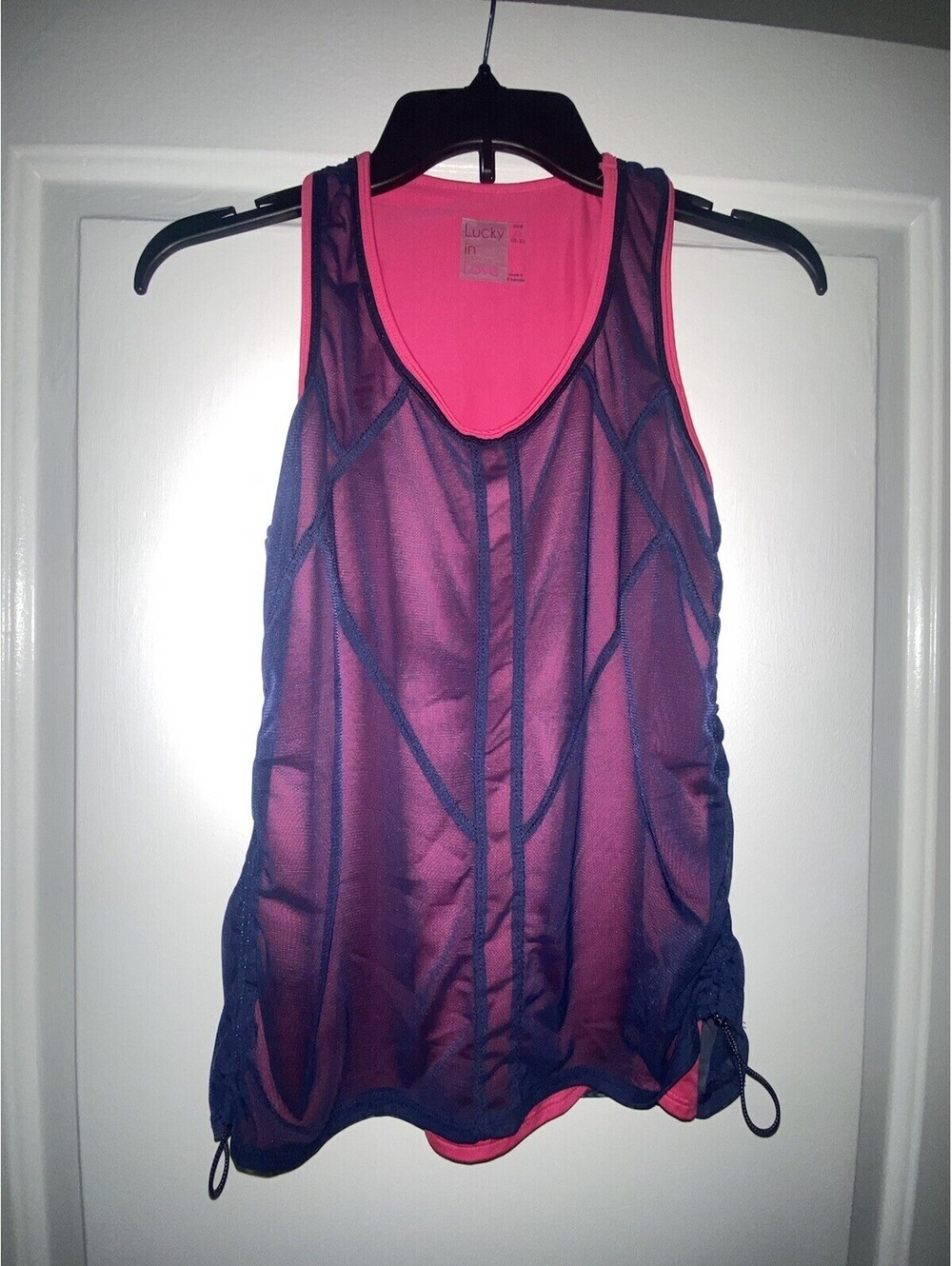 Lucky in Love Mesh Overlay Tennis Tank Top Size XS Pink Blue Purp Ruching Pickle